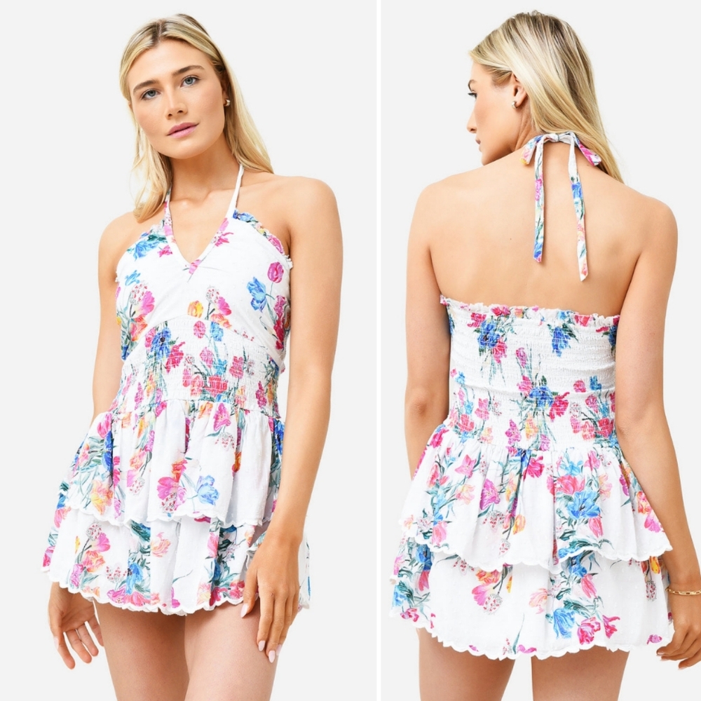 LoveShackFancy White Floral Mini Dress with Pink & Blue Flowers